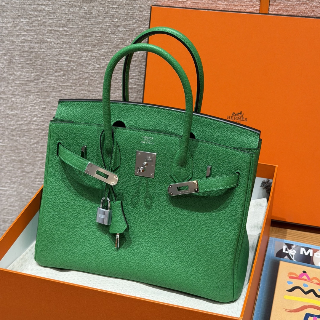 高仿Hermes*Birkin30系列H044897BO1K竹子綠牛皮銀扣純手工