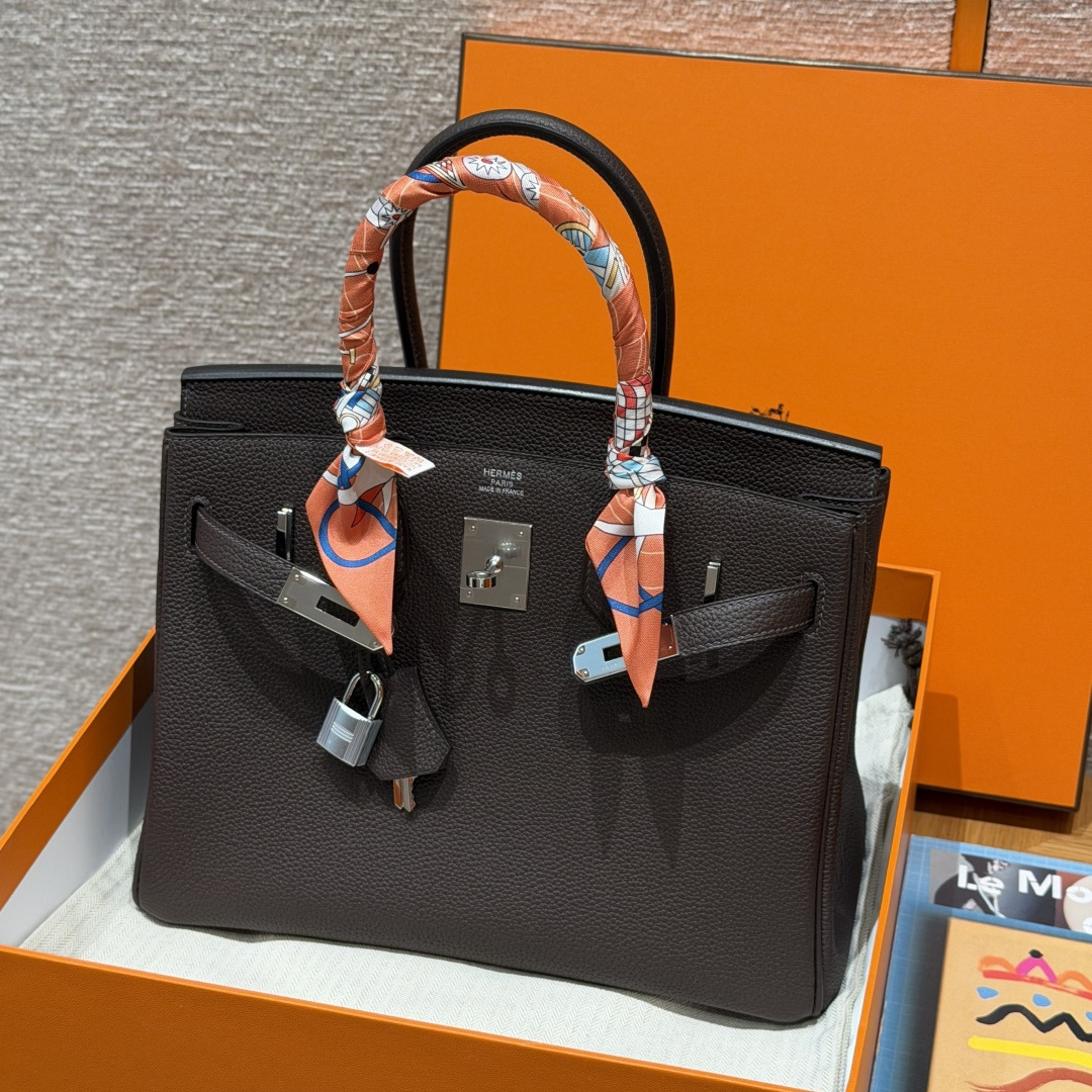 高仿Hermes*Birkin30系列H044897BO47巧克力色牛皮銀扣純手工