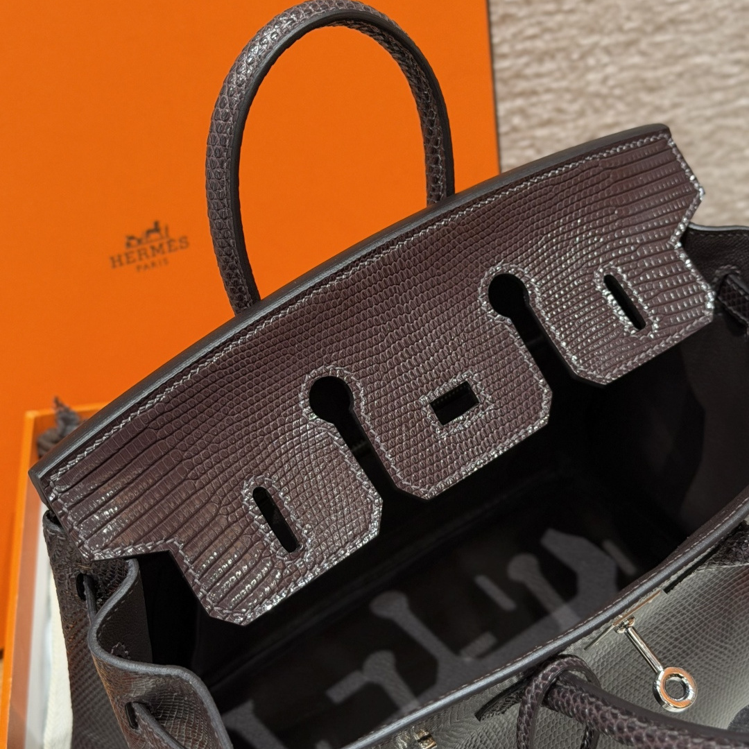 高仿Hermes*Birkin25系列H041344LZ46烏木色蜥蜴皮銀扣純手工