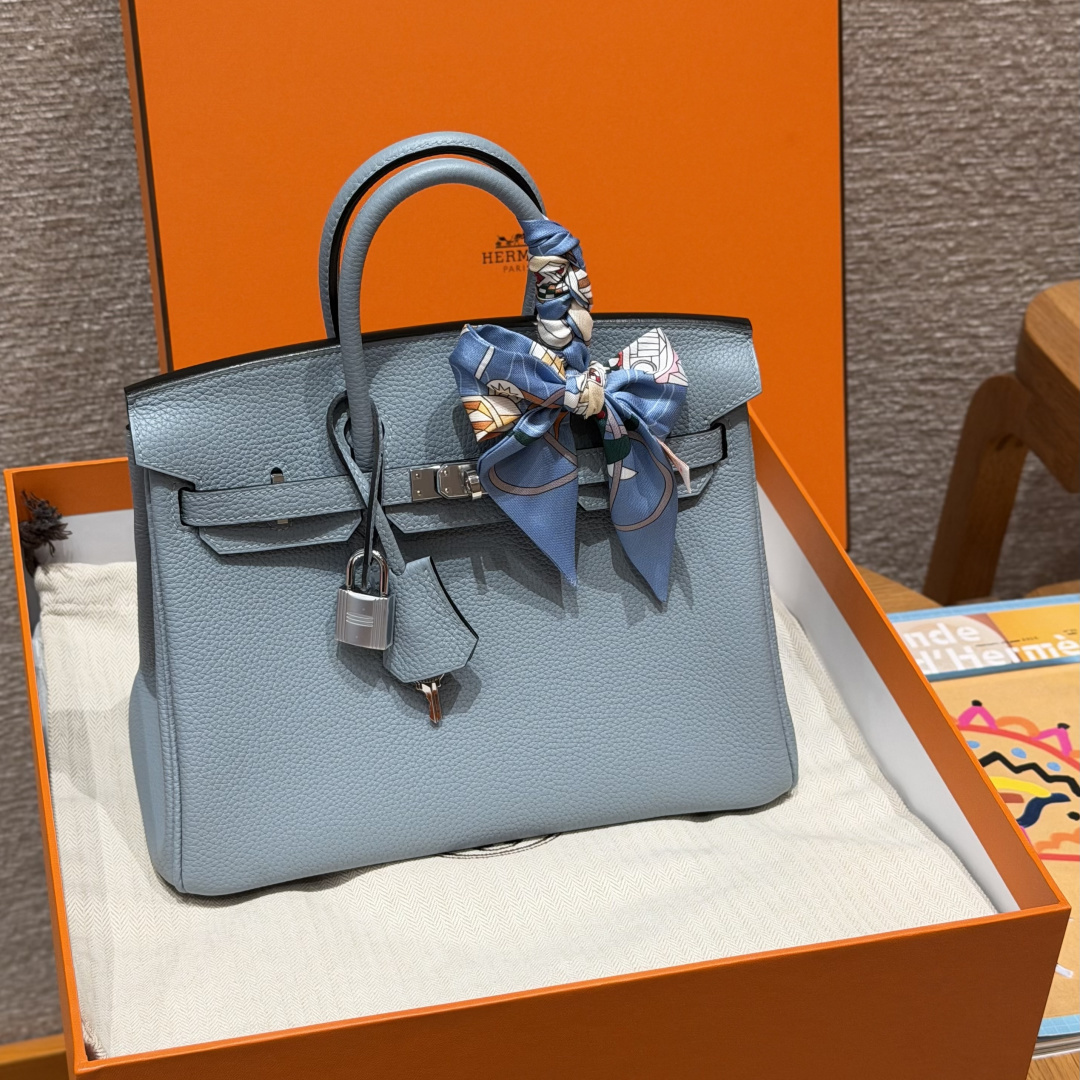 高仿Hermes*Birkin25系列H041344BOJ7亞麻藍牛皮銀扣純手工