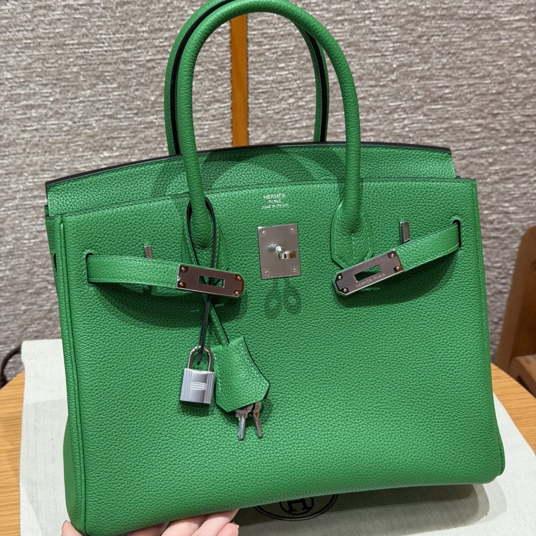 高仿Hermes*Birkin30系列H044897BO1K竹子綠牛皮銀扣純手工