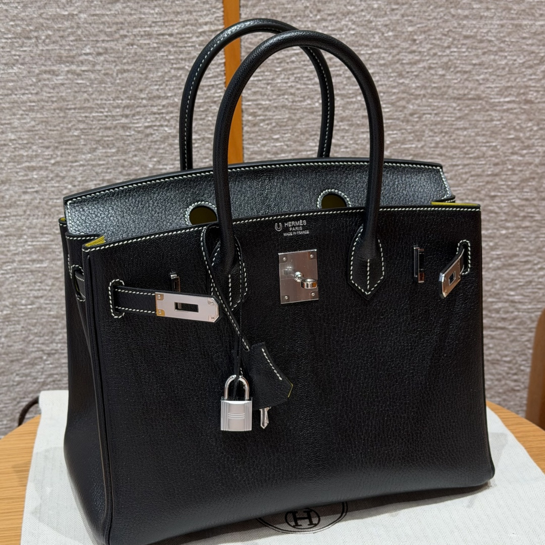高仿Hermes*Birkin30系列H044897CA3899R黑色拼檸檬黃山羊皮銀扣純手工
