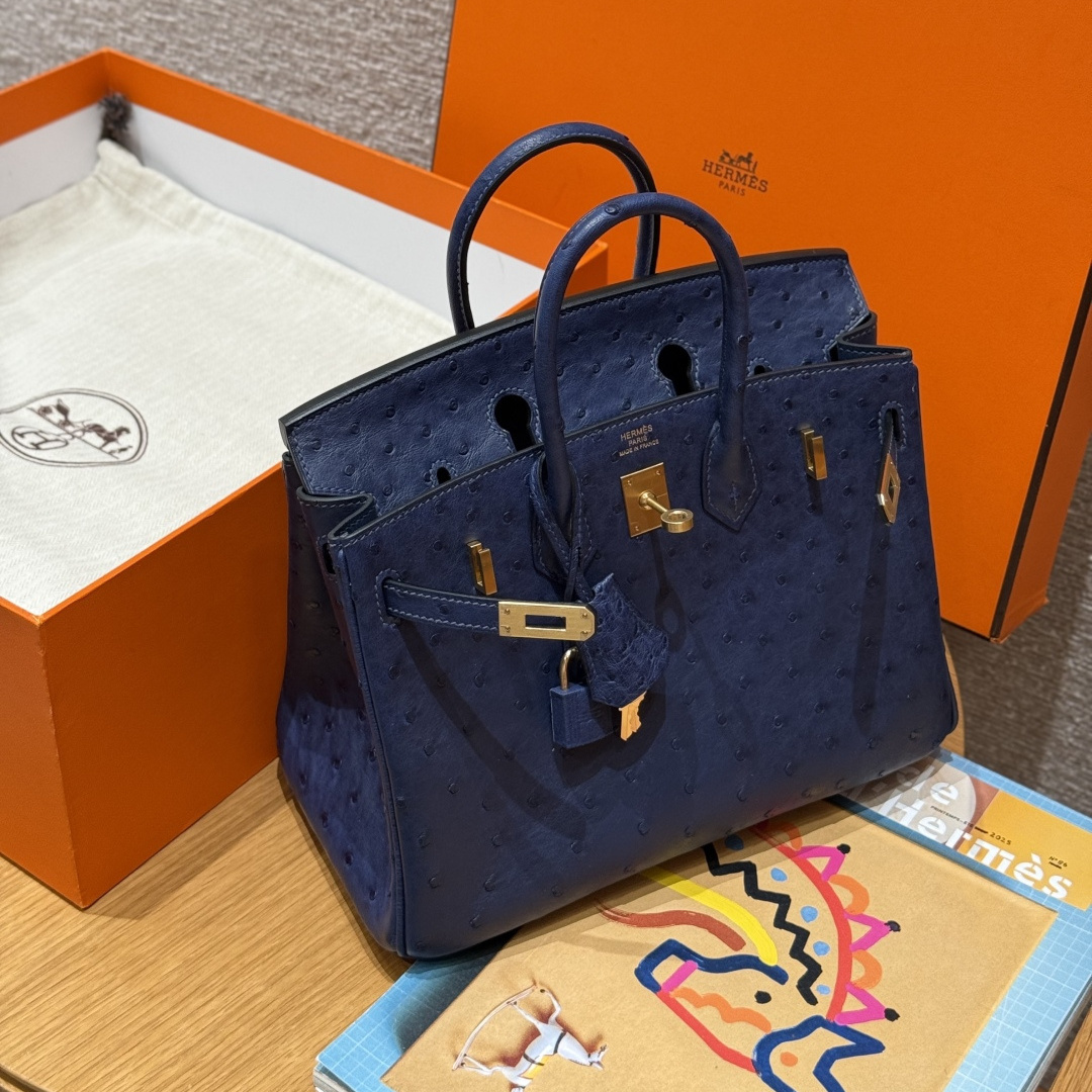 高仿Hermes*Birkin25系列H041344OS73寶石藍鴕鳥皮金扣純手工