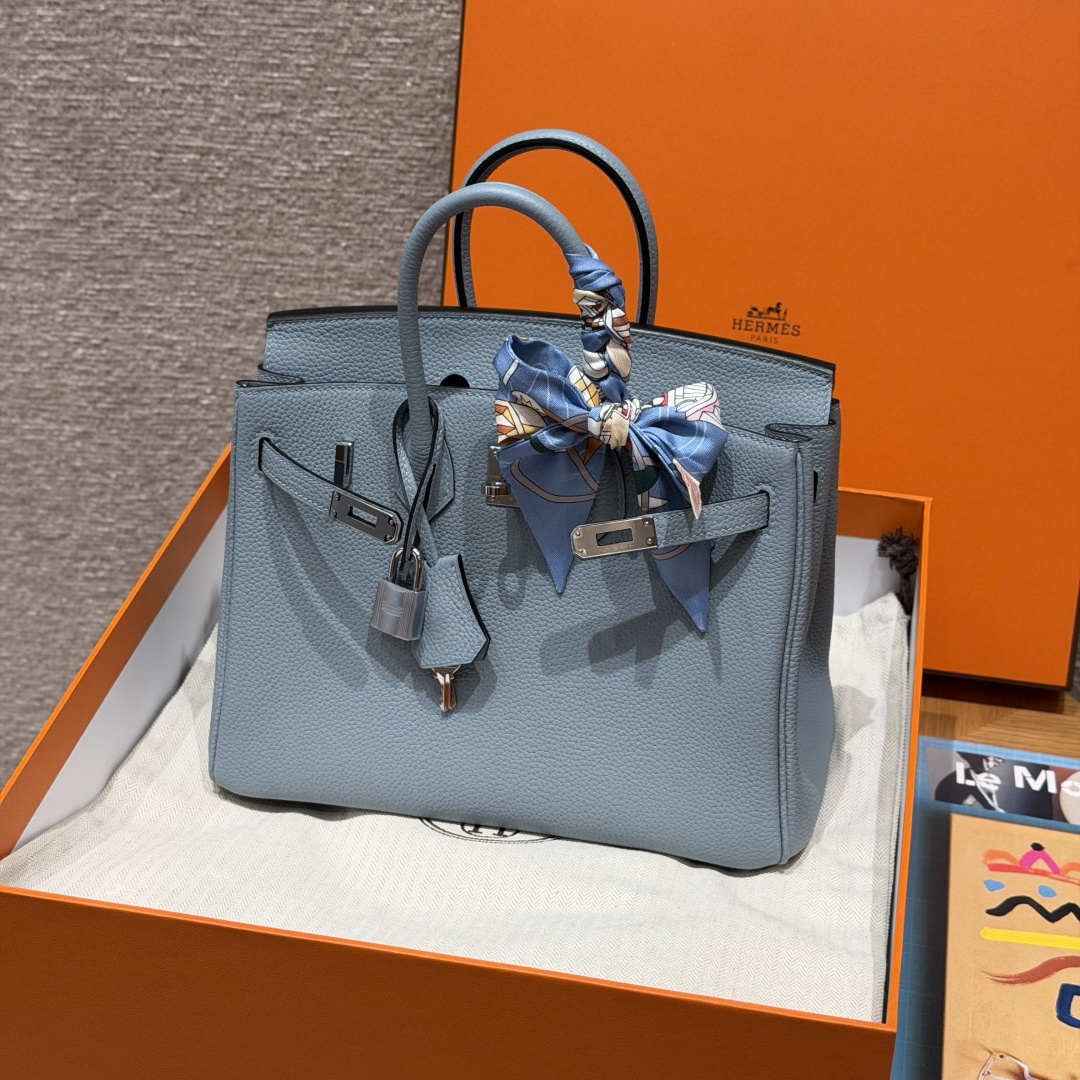高仿Hermes*Birkin25系列H041344BOJ7亞麻藍牛皮銀扣純手工