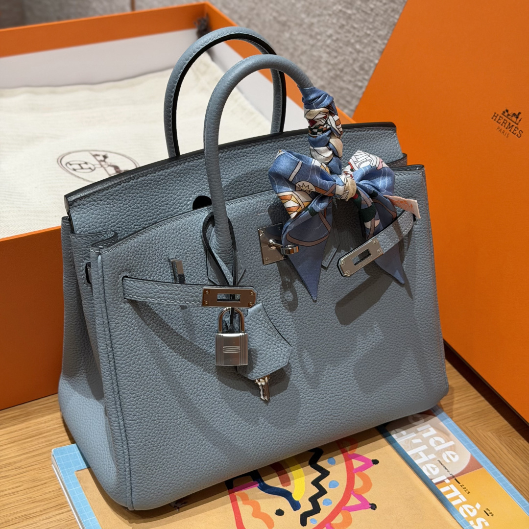 高仿Hermes*Birkin25系列H041344BOJ7亞麻藍牛皮銀扣純手工