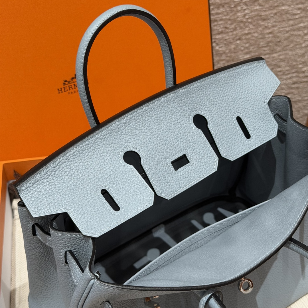 高仿Hermes*Birkin25系列H041344BOJ7亞麻藍牛皮銀扣純手工