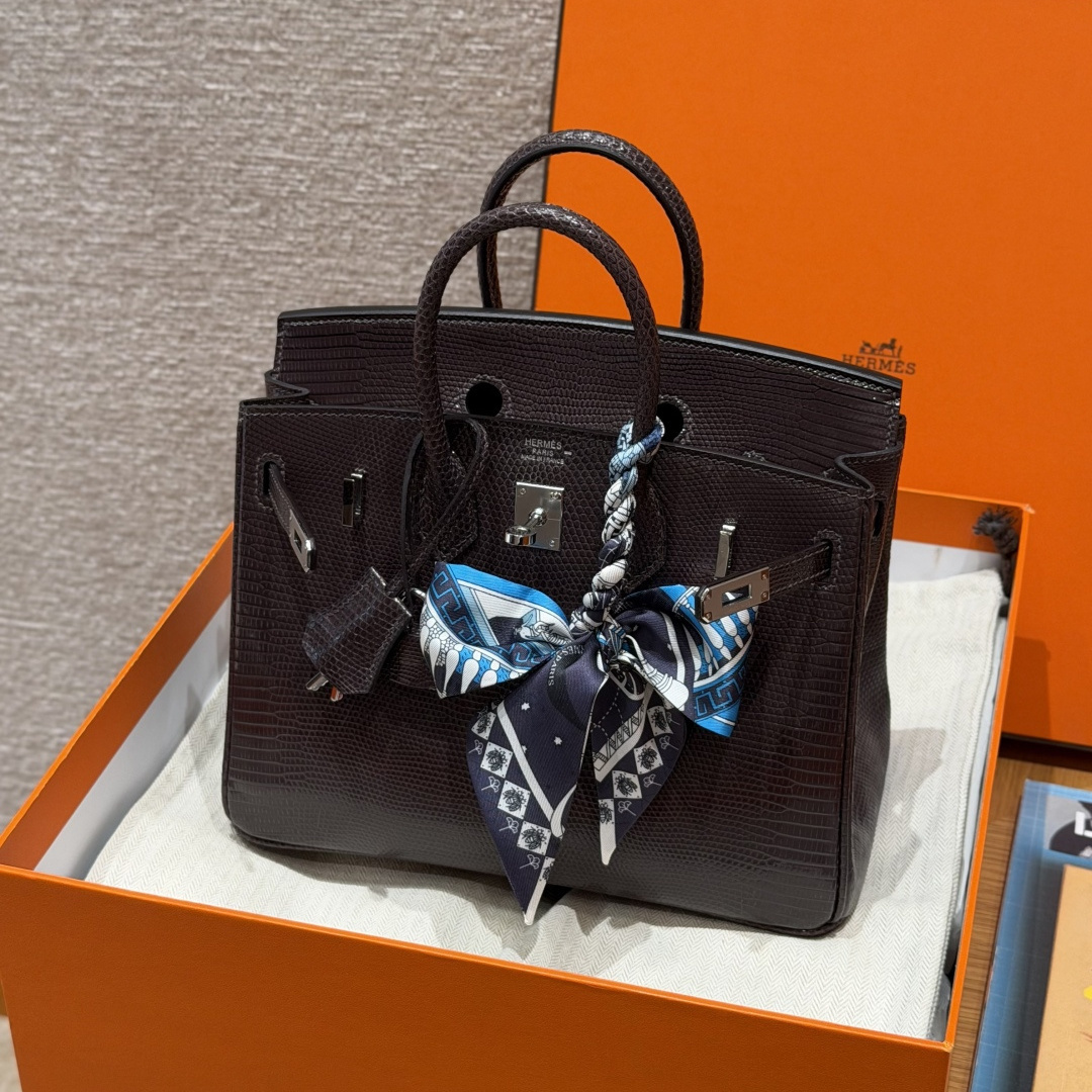 高仿Hermes*Birkin25系列H041344LZ46烏木色蜥蜴皮銀扣純手工