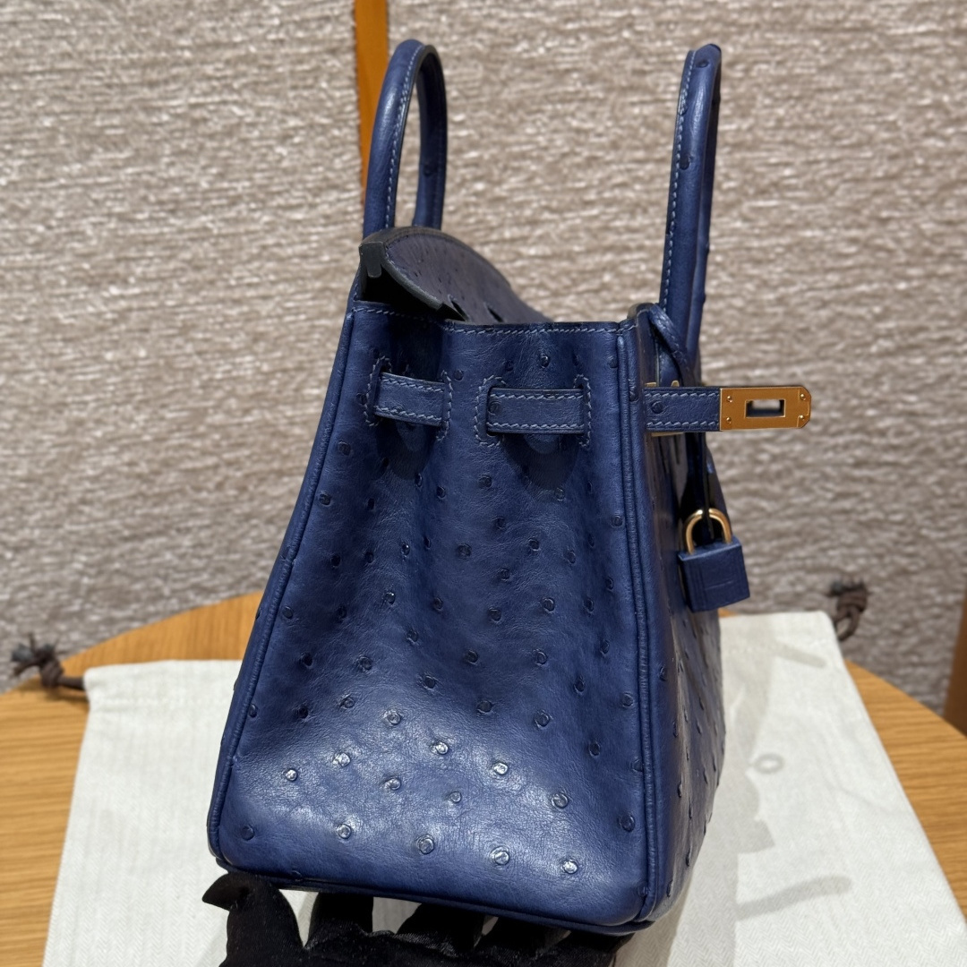 高仿Hermes*Birkin25系列H041344OS73寶石藍鴕鳥皮金扣純手工
