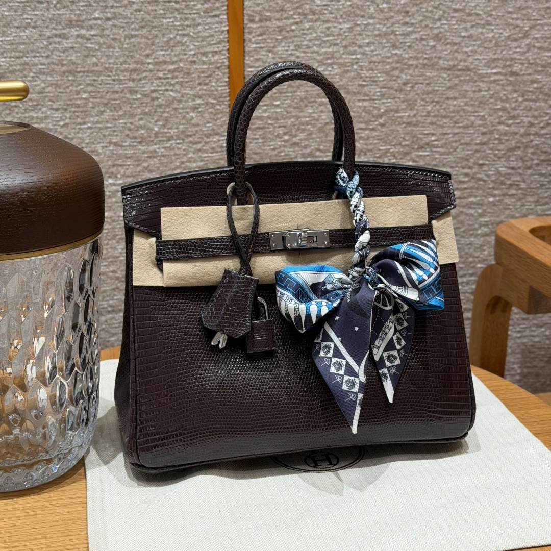 高仿Hermes*Birkin25系列H041344LZ46烏木色蜥蜴皮銀扣純手工