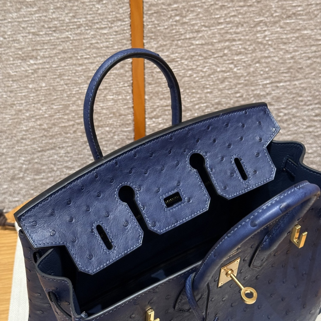 高仿Hermes*Birkin25系列H041344OS73寶石藍鴕鳥皮金扣純手工