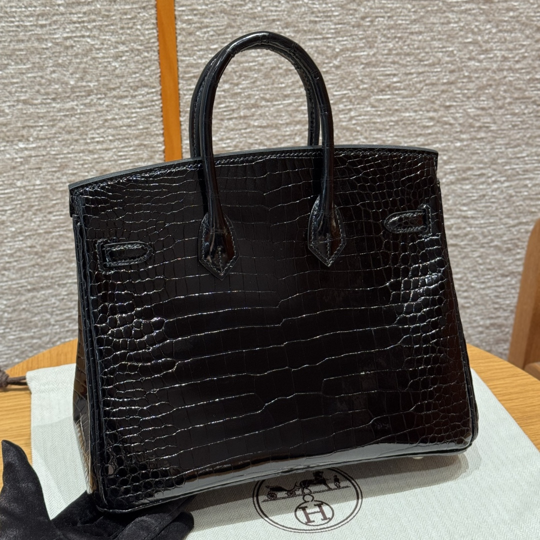 高仿Hermes*Birkin25系列H041344CK89黑色鱷魚皮金扣純手工