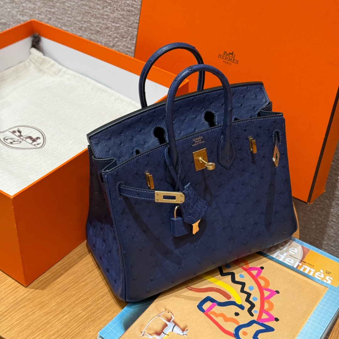 高仿Hermes*Birkin25系列H041344OS73寶石藍鴕鳥皮金扣純手工