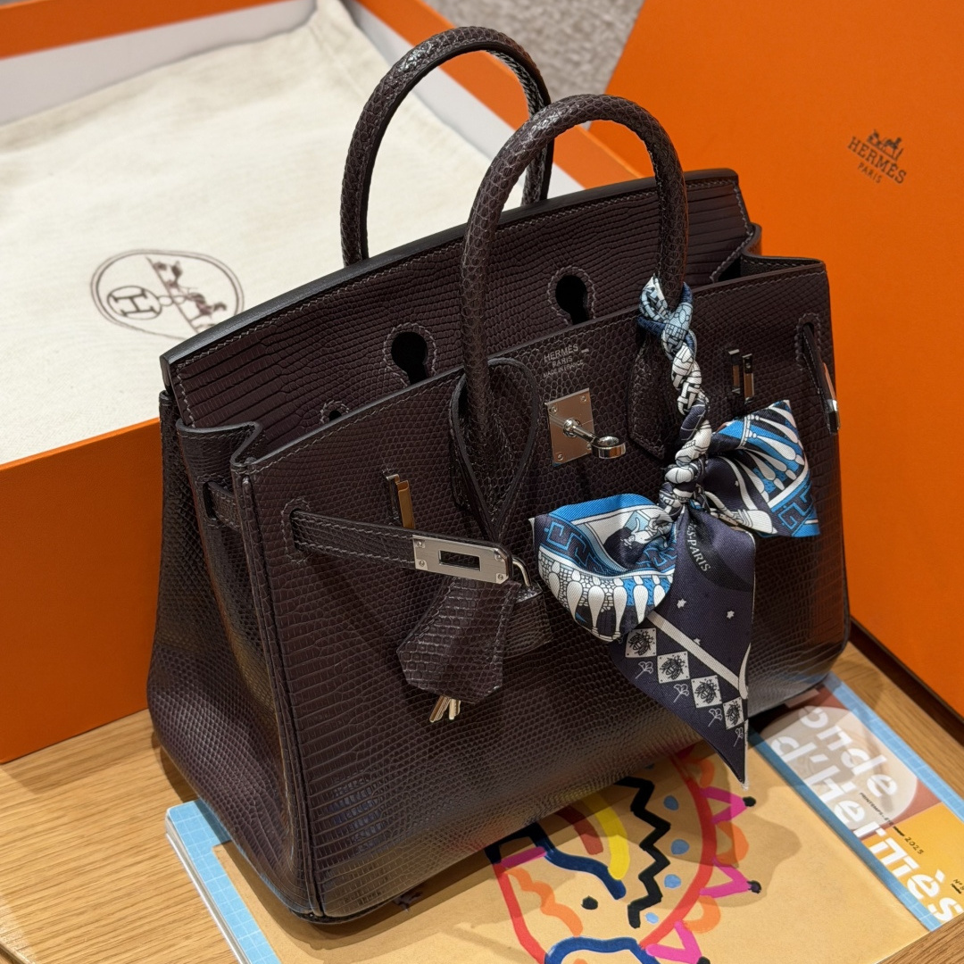 高仿Hermes*Birkin25系列H041344LZ46烏木色蜥蜴皮銀扣純手工