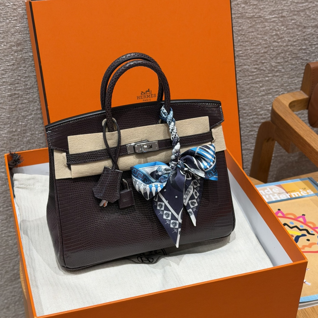 高仿Hermes*Birkin25系列H041344LZ46烏木色蜥蜴皮銀扣純手工