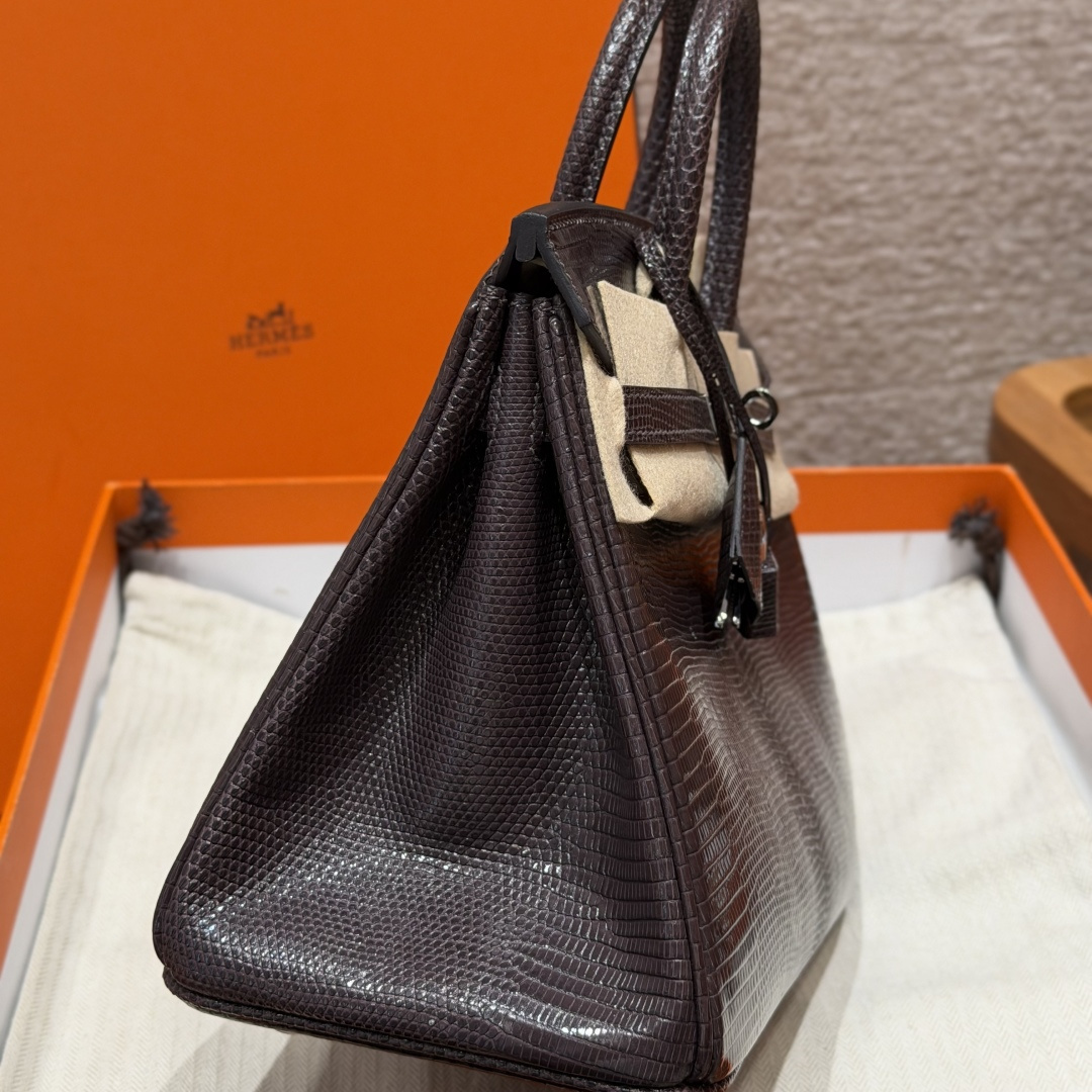高仿Hermes*Birkin25系列H041344LZ46烏木色蜥蜴皮銀扣純手工