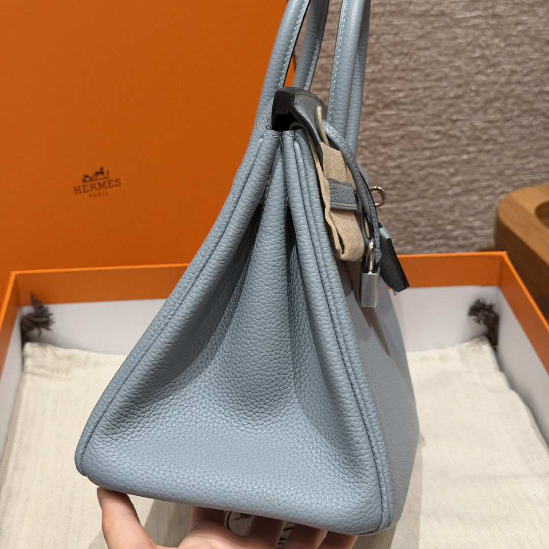 高仿Hermes*Birkin25系列H041344BOJ7亞麻藍牛皮銀扣純手工