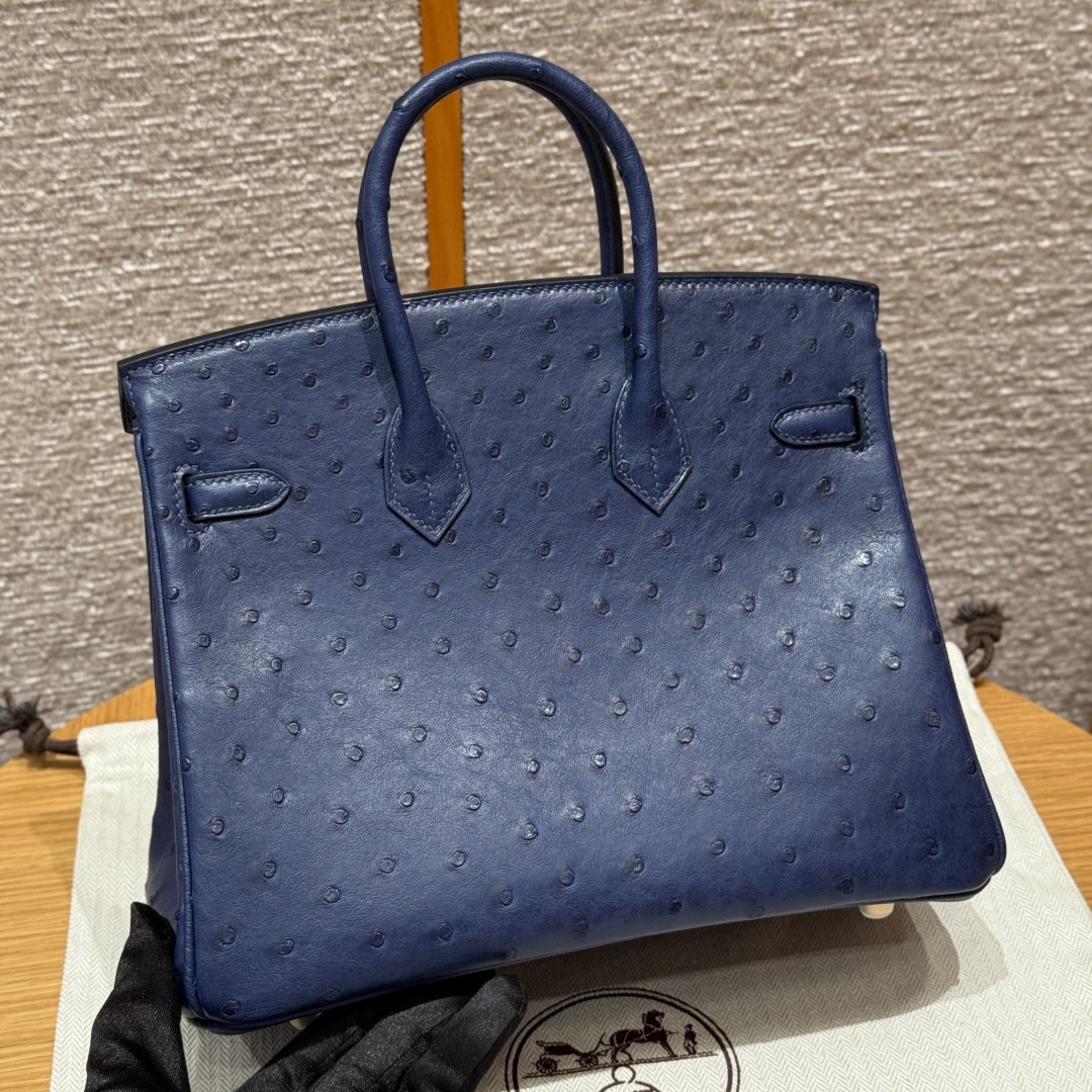 高仿Hermes*Birkin25系列H041344OS73寶石藍鴕鳥皮金扣純手工