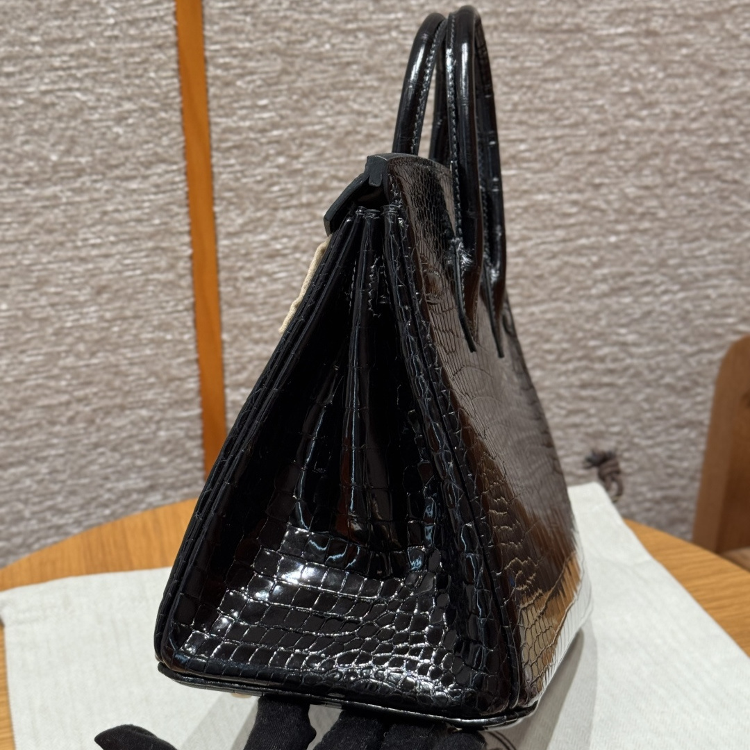 高仿Hermes*Birkin25系列H041344CK89黑色鱷魚皮金扣純手工