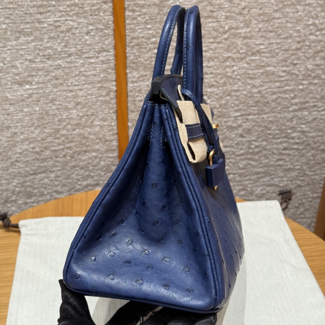 高仿Hermes*Birkin25系列H041344OS73寶石藍鴕鳥皮金扣純手工