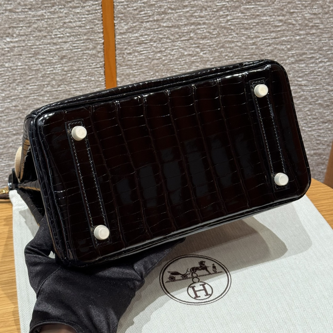 高仿Hermes*Birkin25系列H041344CK89黑色鱷魚皮金扣純手工