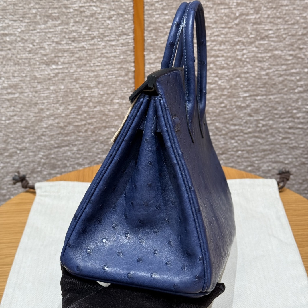 高仿Hermes*Birkin25系列H041344OS73寶石藍鴕鳥皮金扣純手工