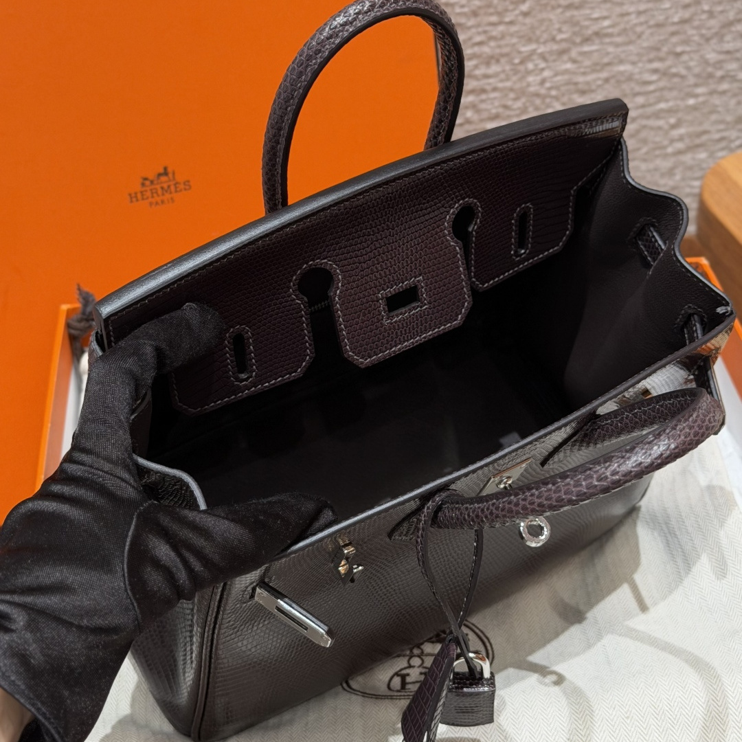 高仿Hermes*Birkin25系列H041344LZ46烏木色蜥蜴皮銀扣純手工