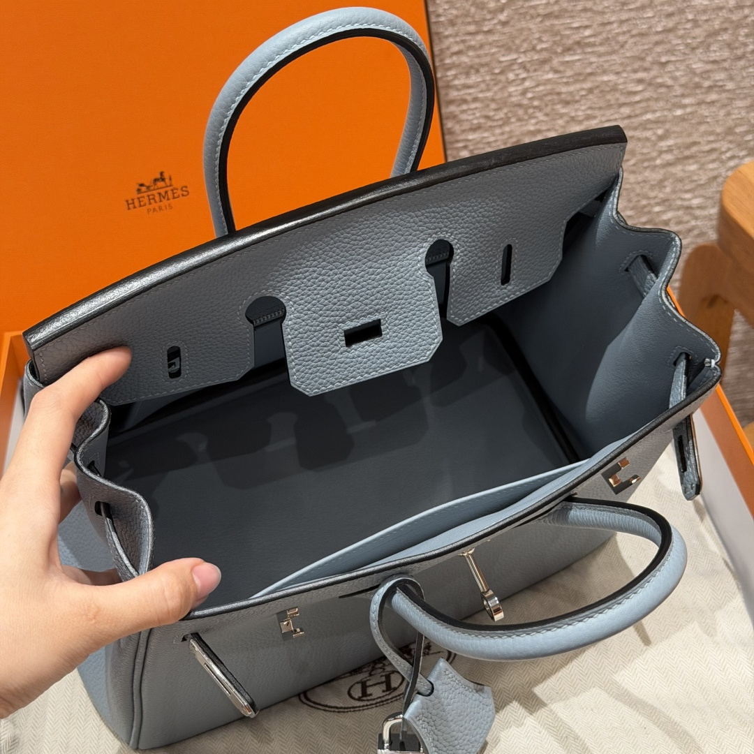 高仿Hermes*Birkin25系列H041344BOJ7亞麻藍牛皮銀扣純手工