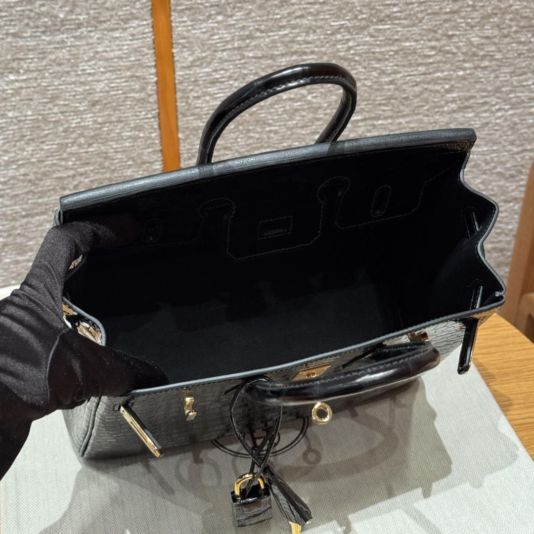 高仿Hermes*Birkin25系列H041344CK89黑色鱷魚皮金扣純手工