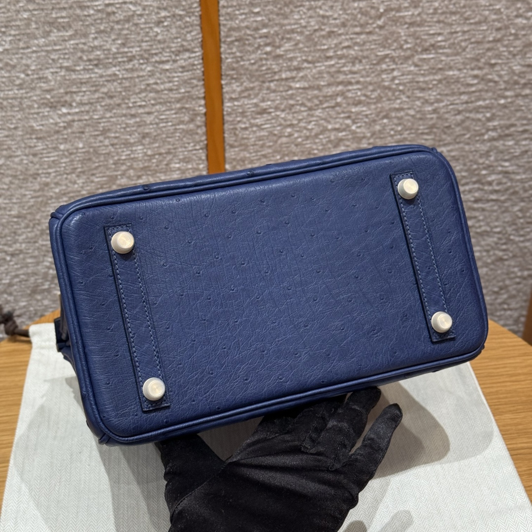 高仿Hermes*Birkin25系列H041344OS73寶石藍鴕鳥皮金扣純手工