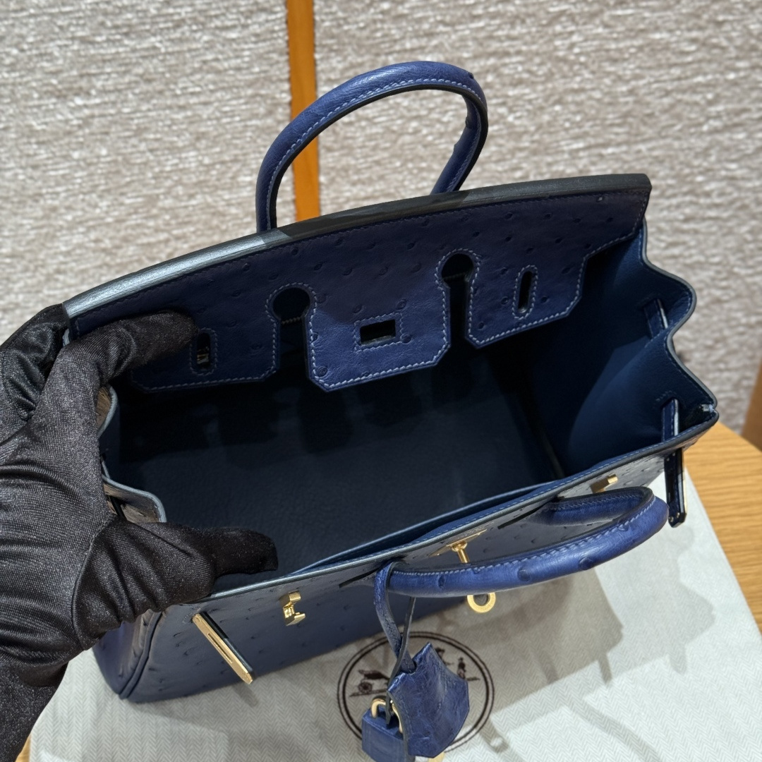 高仿Hermes*Birkin25系列H041344OS73寶石藍鴕鳥皮金扣純手工