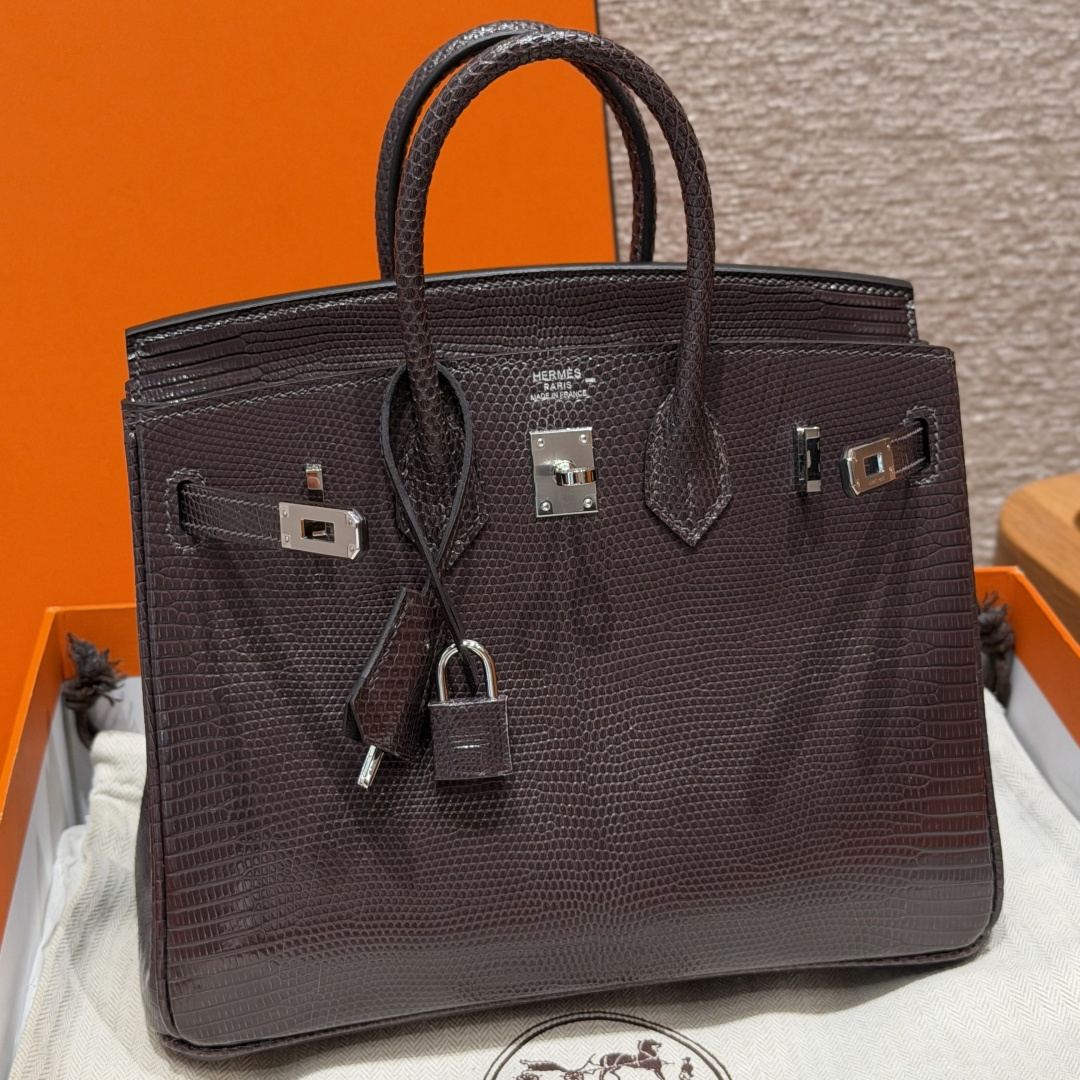 高仿Hermes*Birkin25系列H041344LZ46烏木色蜥蜴皮銀扣純手工