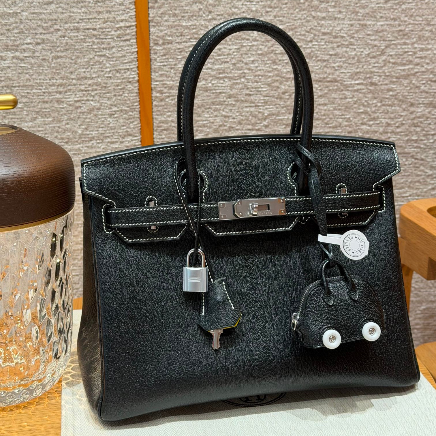 高仿Hermes*Birkin30系列H044897CA3899R黑色拼檸檬黃山羊皮銀扣純手工