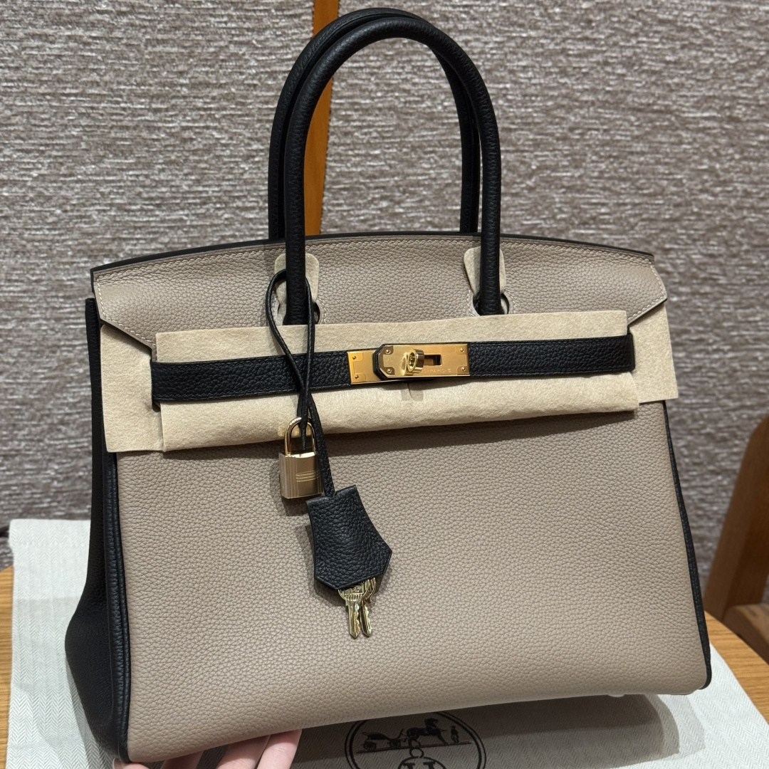 高仿Hermes*Birkin30系列H044897BO8189斑鳩灰拼黑色牛皮金扣純手工