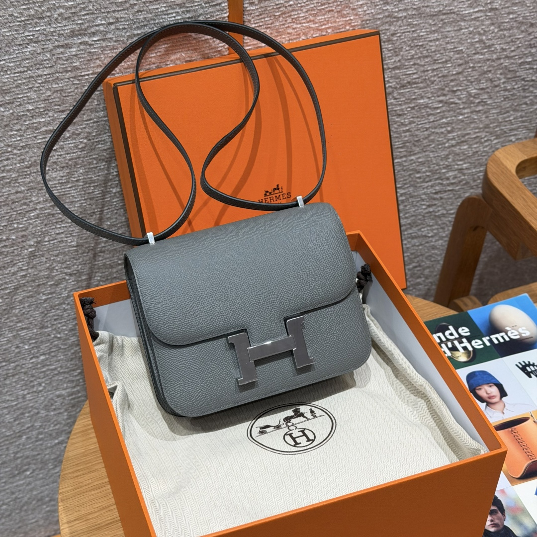 高仿Hermes*Constance19系列H080169EP0L積雨雲灰牛皮銀扣純手工
