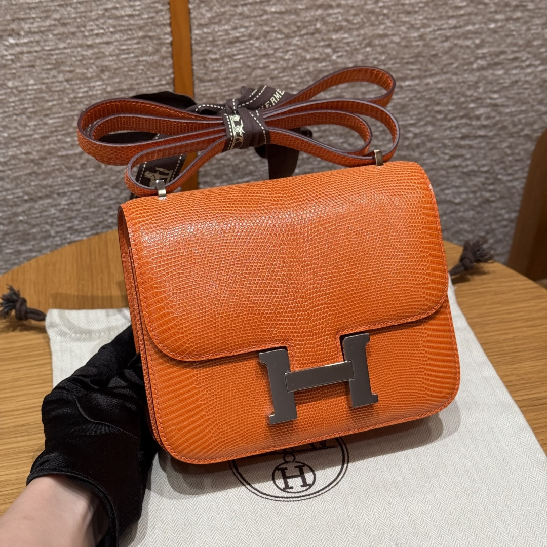 高仿Hermes*Constance19系列H080169LZ93經典橙蜥蜴皮銀扣純手工