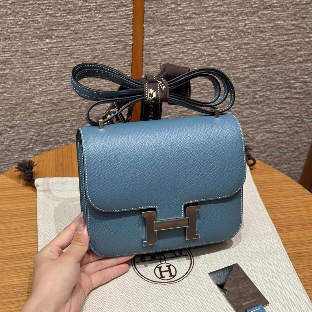 高仿Hermes*Constance19系列H080169EP75牛仔藍牛皮銀扣純手工