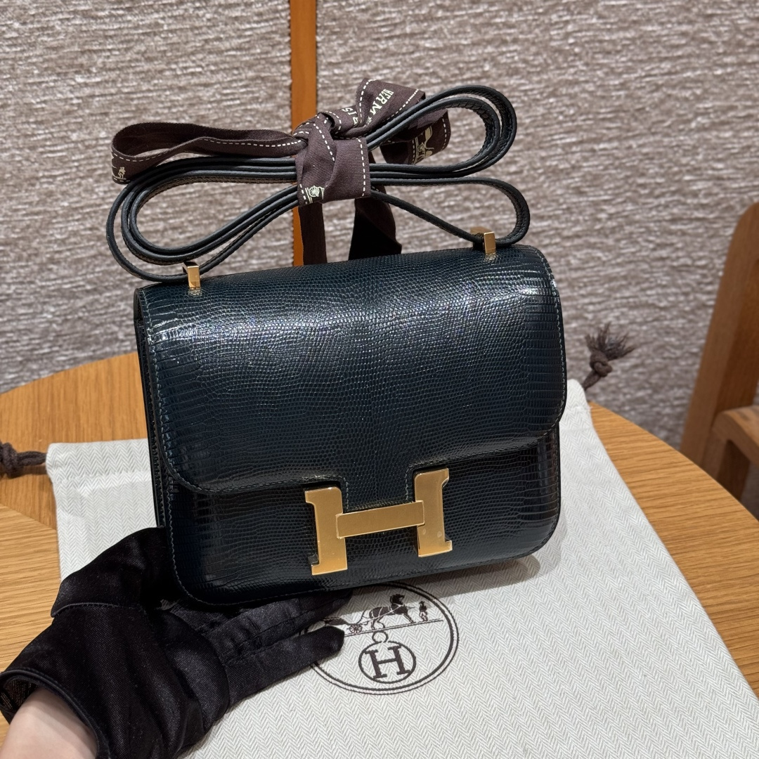 高仿Hermes*Constance19系列H080169LZ60松柏綠蜥蜴皮金扣純手工