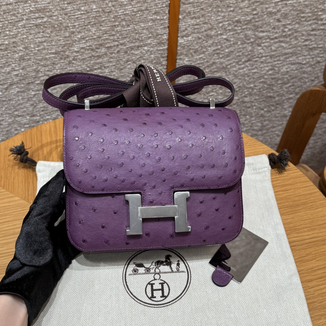高仿Hermes*Constance19系列H080169OSP9海葵紫鴕鳥皮銀扣純手工
