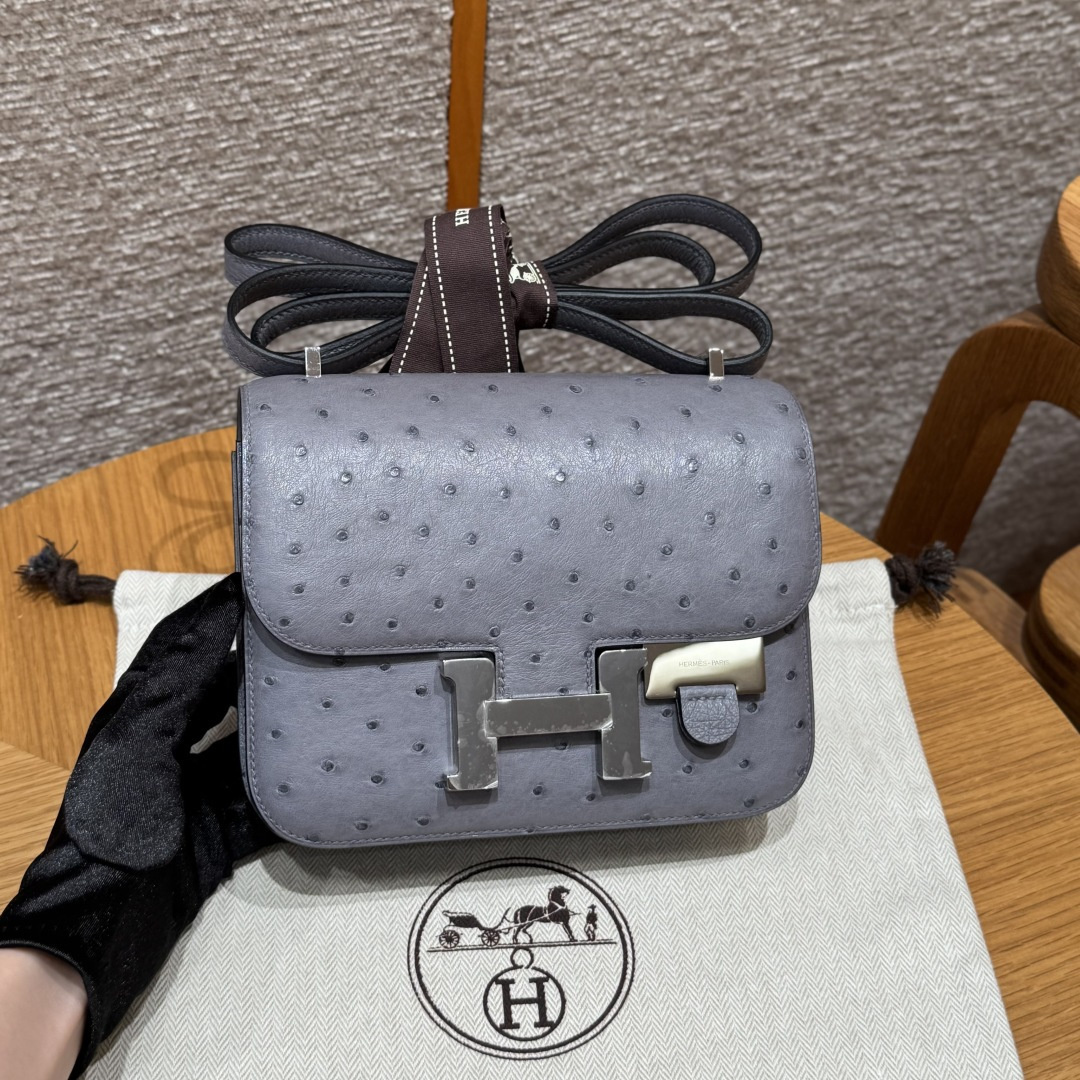 高仿Hermes*Constance19系列H080169OS82瑪瑙灰鴕鳥皮銀扣純手工