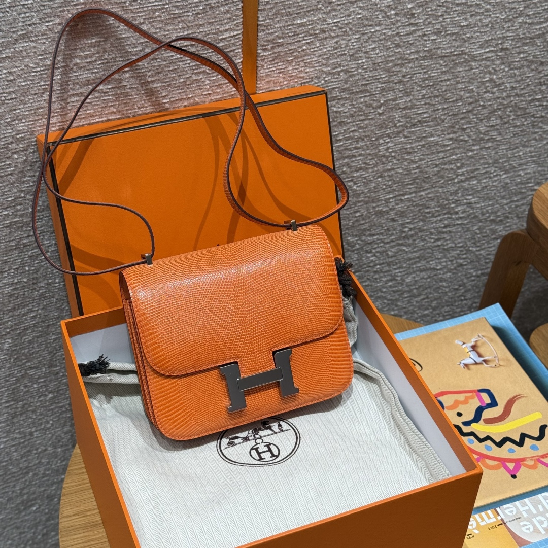 高仿Hermes*Constance19系列H080169LZ93經典橙蜥蜴皮銀扣純手工