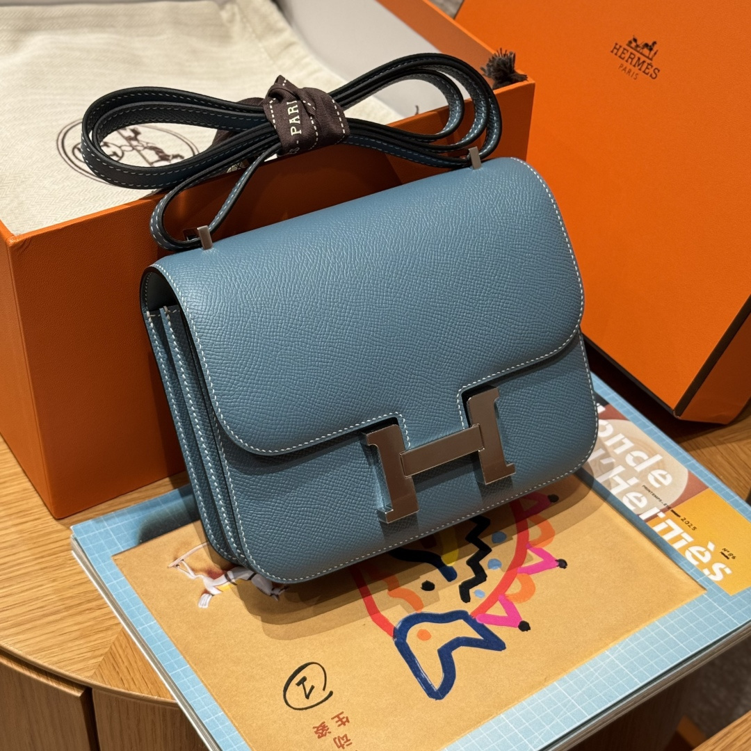 高仿Hermes*Constance19系列H080169EP75牛仔藍牛皮銀扣純手工
