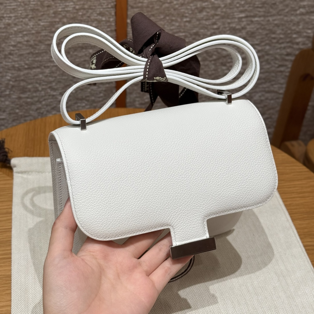 高仿Hermes*Constance19系列H080169EC01純白色公牛皮銀扣純手工