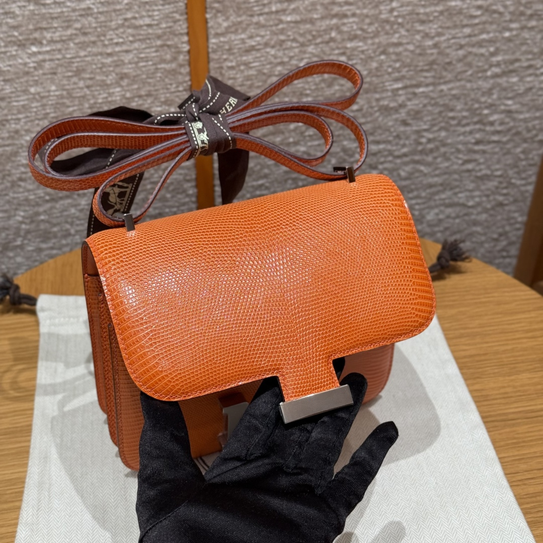 高仿Hermes*Constance19系列H080169LZ93經典橙蜥蜴皮銀扣純手工