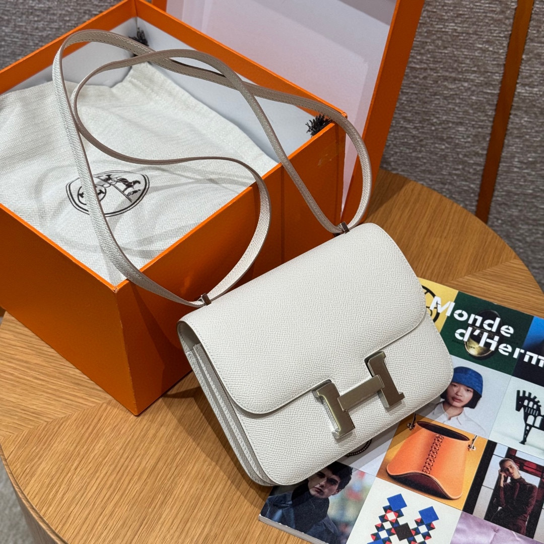 高仿Hermes*Constance19系列H080169EP10奶昔白牛皮銀扣純手工