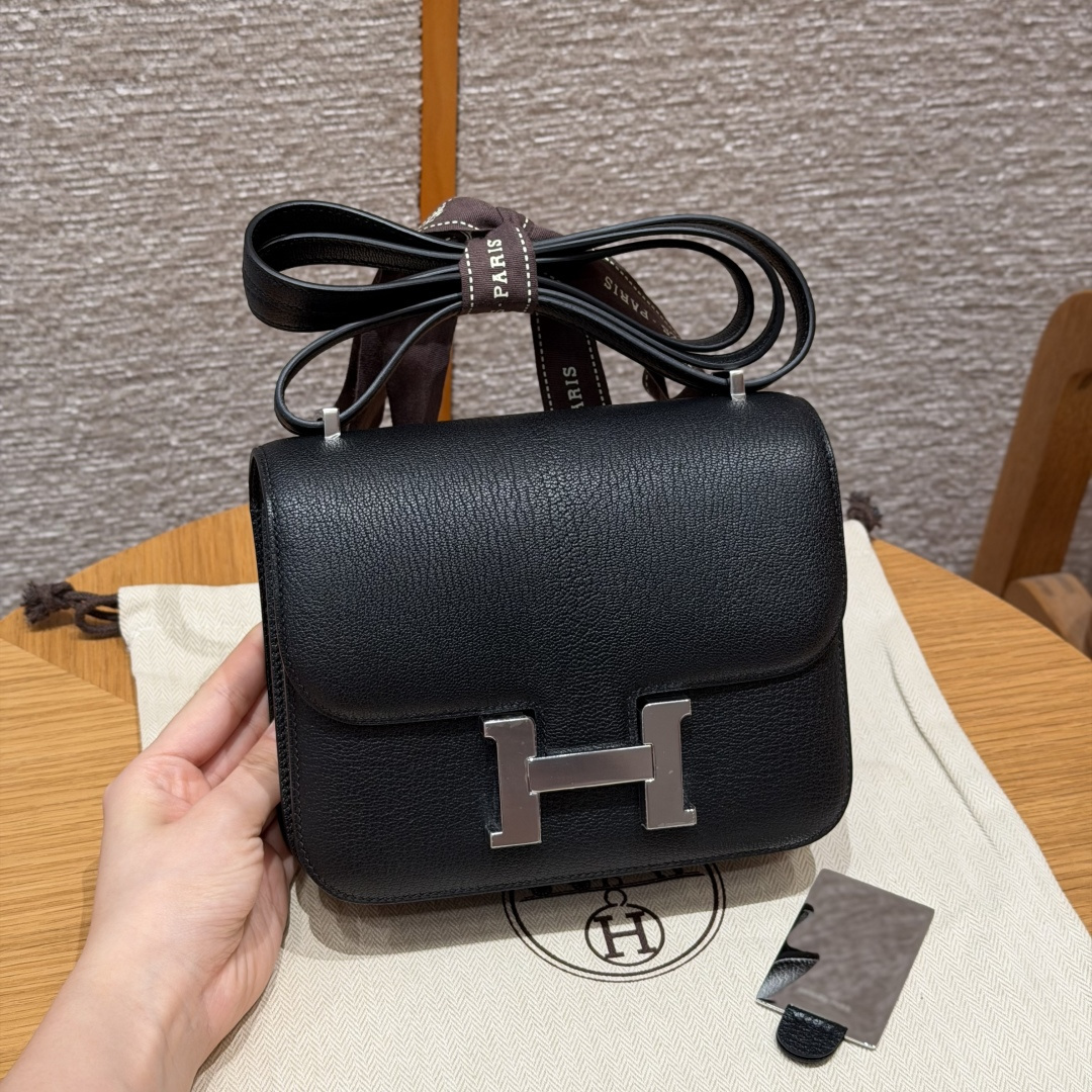 高仿Hermes*Constance19系列H080169CA89黑色山羊皮銀扣純手工