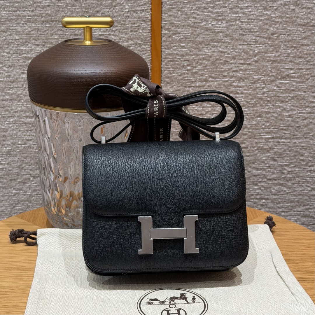 高仿Hermes*Constance19系列H080169CA89黑色山羊皮銀扣純手工