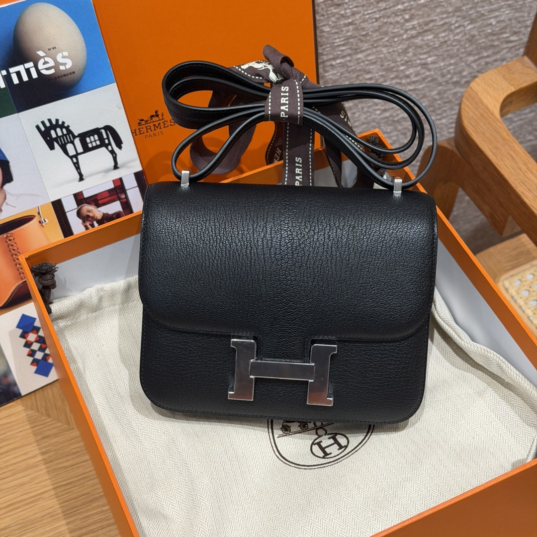 高仿Hermes*Constance19系列H080169CA89黑色山羊皮銀扣純手工