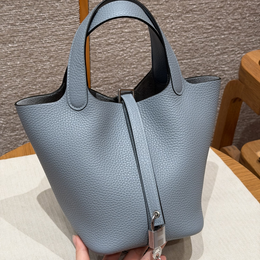 高仿Hermes*Picotin Lock18系列H56289TCJ7亞麻藍牛皮銀扣純手工