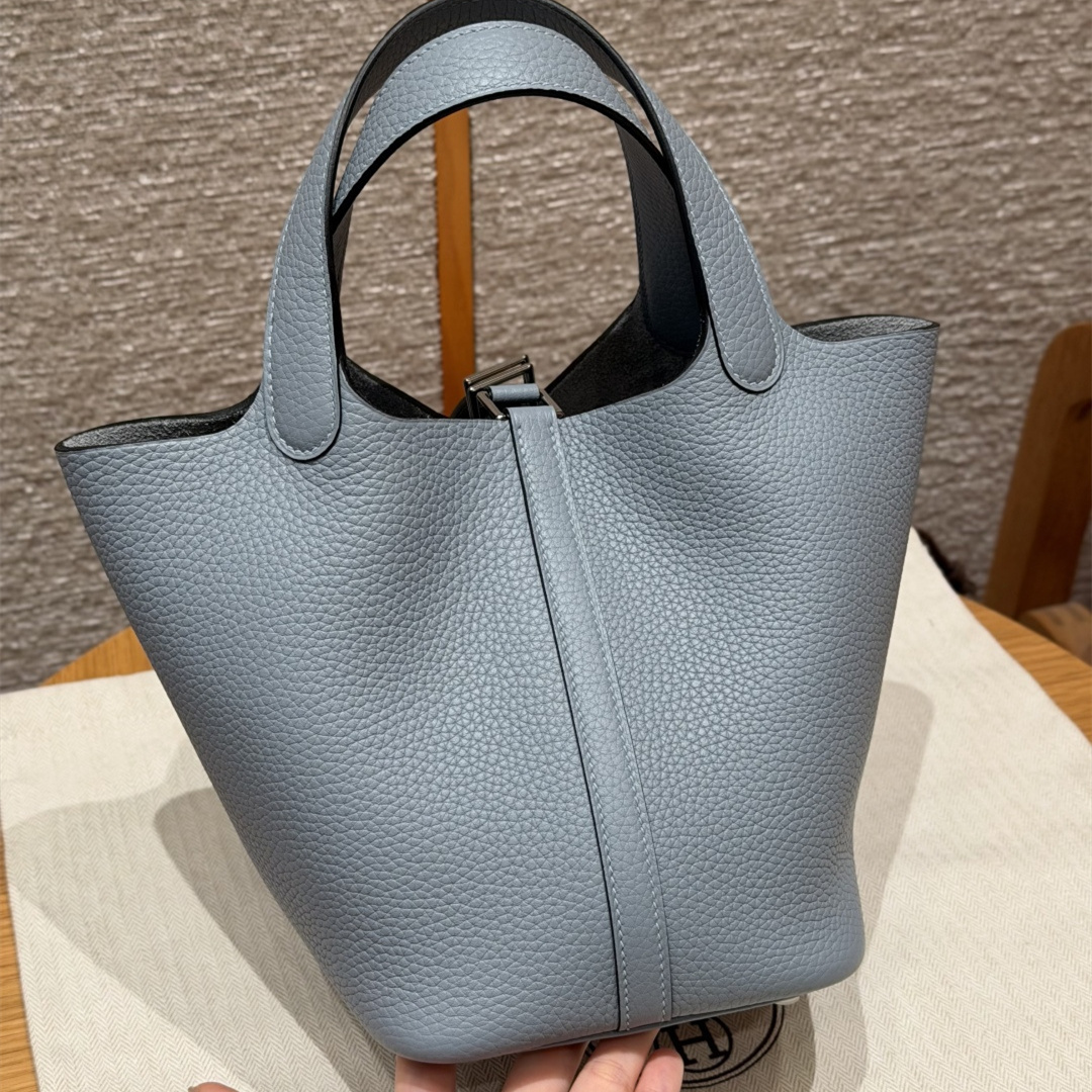 高仿Hermes*Picotin Lock18系列H56289TCJ7亞麻藍牛皮銀扣純手工