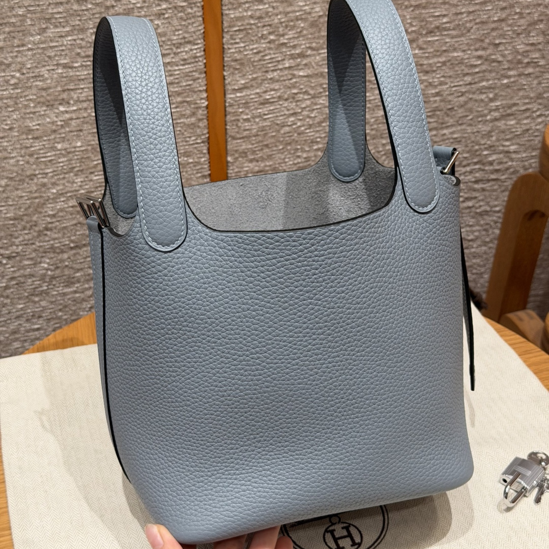 高仿Hermes*Picotin Lock18系列H56289TCJ7亞麻藍牛皮銀扣純手工